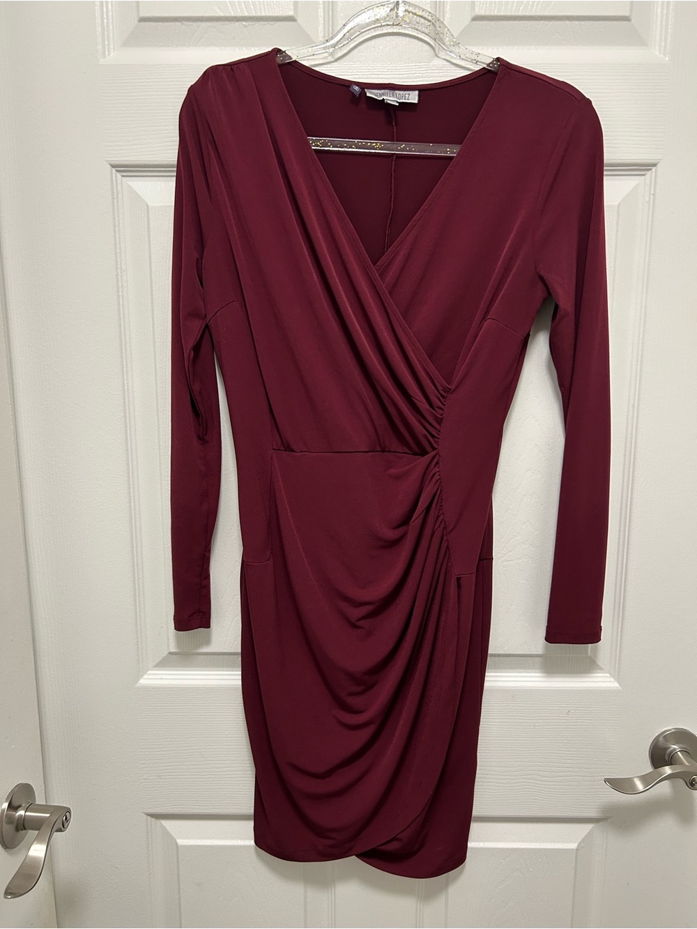 Jennifer Lopez Wine Long-Sleeve Draped Wrap Dress